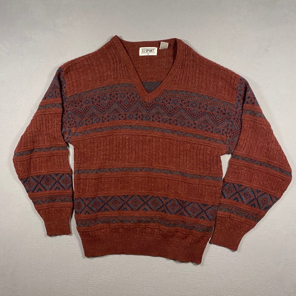 Vintage II Sport V-Neck‎ Sweater XL Tall Man Fair Isle Acrylic Wool Blend